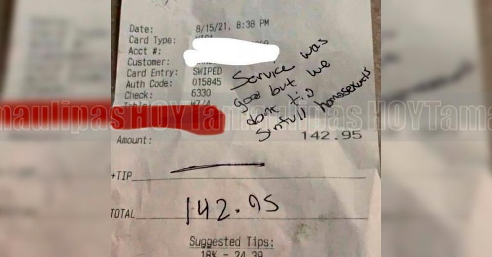 Hoy Tamaulipas - Internacional No damos propina a pecadores le escriben a mesero gay en el ticket de pago - Vimarsana News