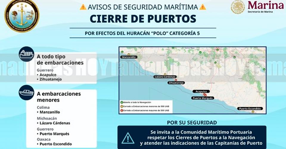 Cierran puertos del Pacífico ante fuerza del huracán Polo