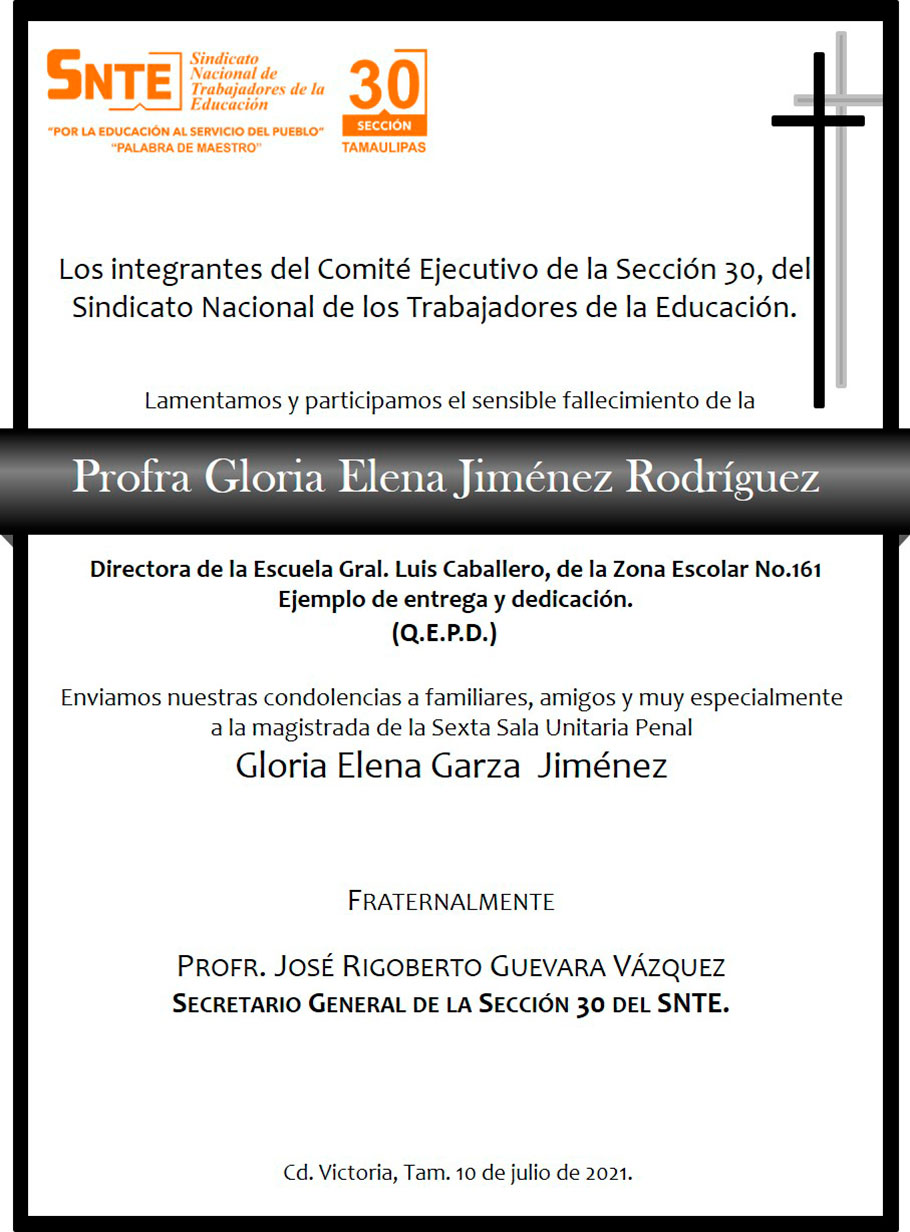 Condolencia Profra. Gloria Elena Jiménez Rodríguez